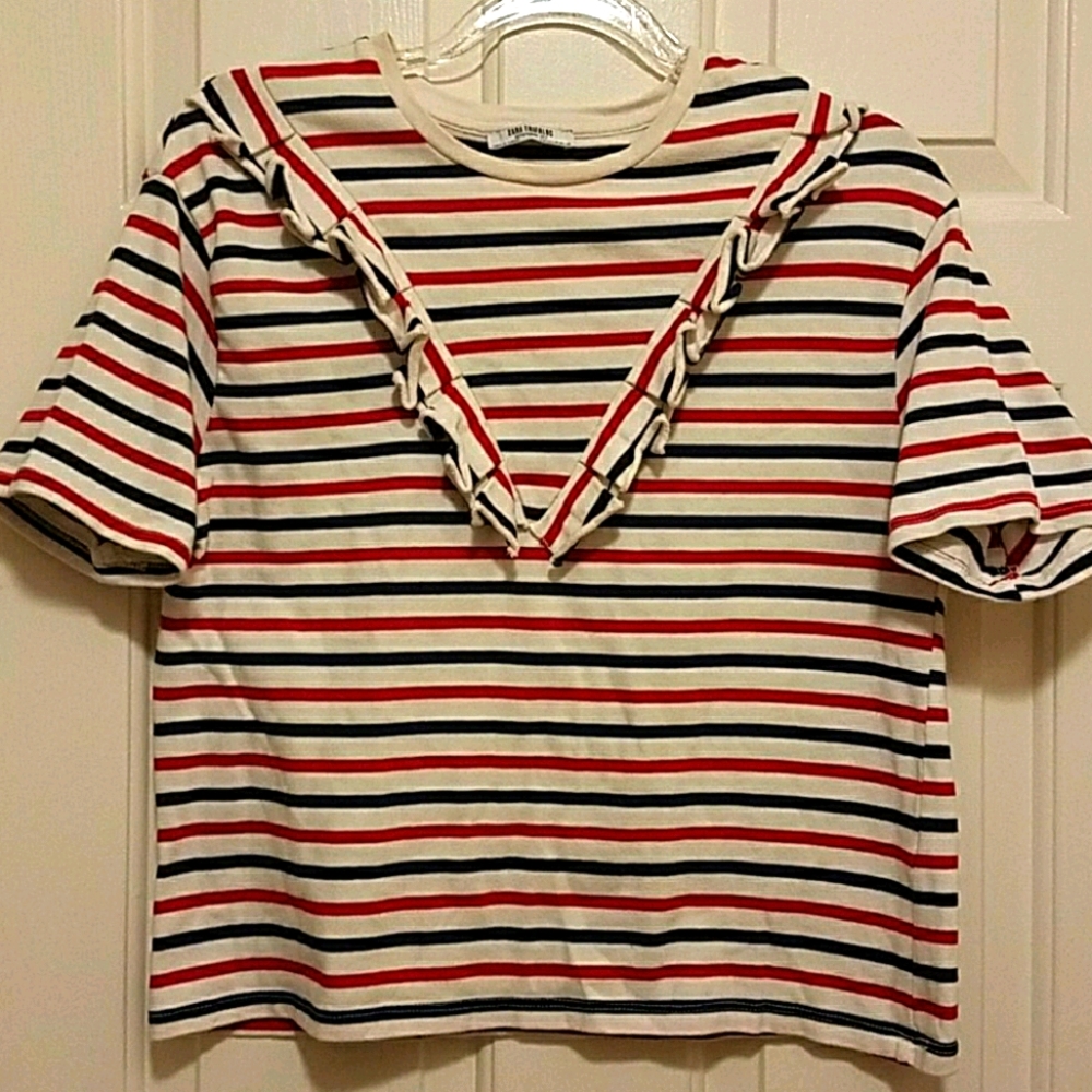 ZARA Red White & Blue Stripe Ruffled Sailor Top